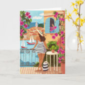 Seaside Balcony Woman Illustration Art Greeting Karte (Gelbe Blume)