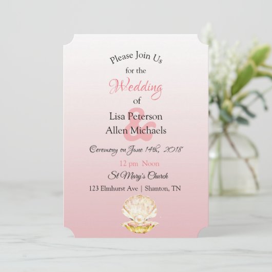 Seaside Coral Clam and Pearl Wedding Einladungen (Stehend Vorderseite)