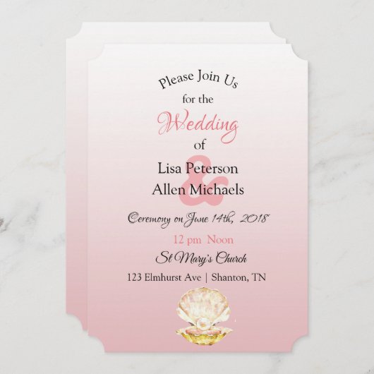 Seaside Coral Clam and Pearl Wedding Einladungen (Vorne/Hinten)