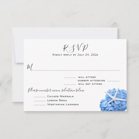 Seaside Garden Blue Menu Entrées RSVP Card (Vorderseite)