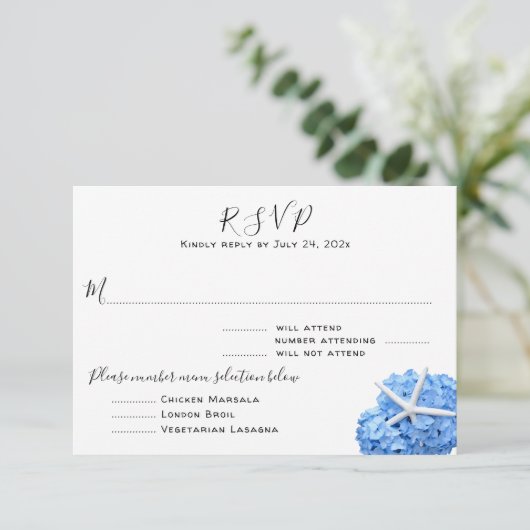 Seaside Garden Blue Menu Entrées RSVP Card (Stehend Vorderseite)