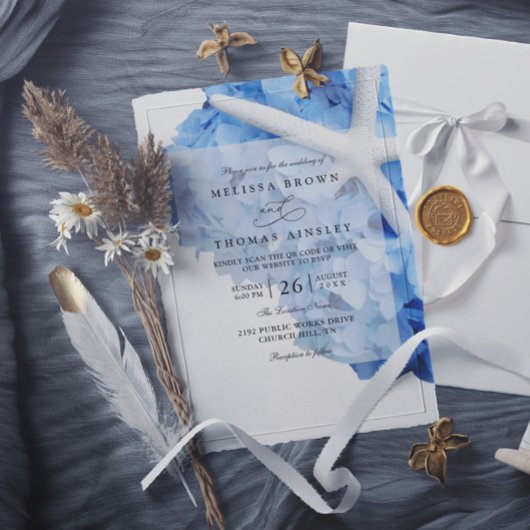 Seaside Garden Starfish Hydrangea QR Code Wedding Einladung