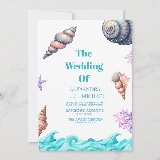 Seaside Nautical Seashell Wedding Einladung (Vorderseite)