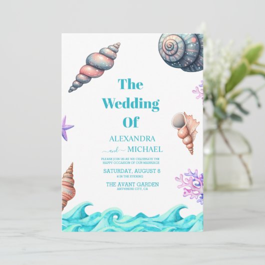 Seaside Nautical Seashell Wedding Einladung (Stehend Vorderseite)