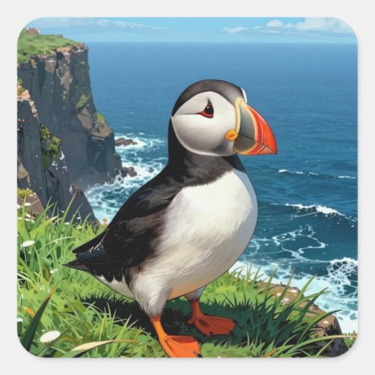 Seaside Puffin Illustration   Quadratischer Aufkleber (Vorderseite)