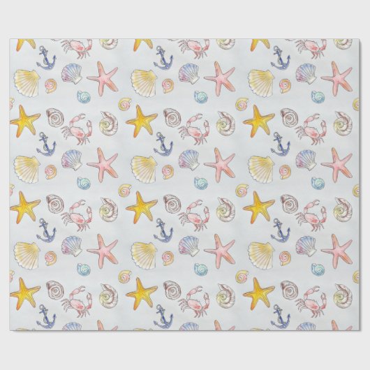 Seaside Seashells Starfish Wasserfarbmuster Geschenkpapier (Flach)