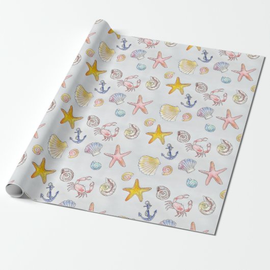 Seaside Seashells Starfish Wasserfarbmuster Geschenkpapier (Ungerollt)
