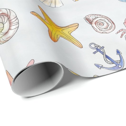Seaside Seashells Starfish Wasserfarbmuster Geschenkpapier (Rolleneckpunkt)