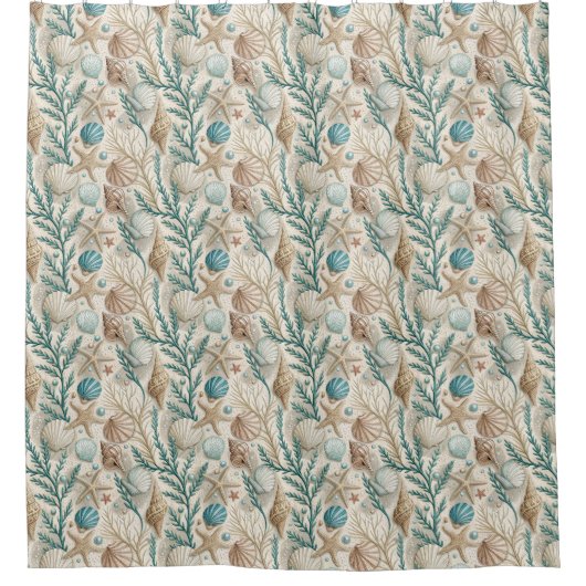 Seaside Shower Curtain Ivory and Blue Coastal Vibe Duschvorhang (Vorderseite)