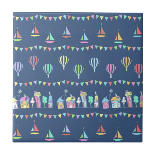 Seaside Town Sail Boats and Bunting Pattern Blue Fliese (Vorderseite)