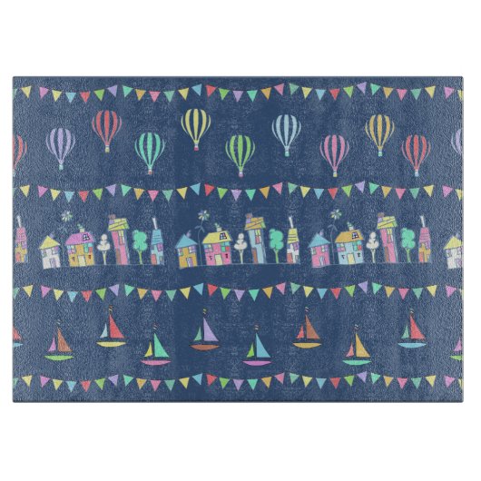 Seaside Town Sail Boats and Bunting Pattern Blue Schneidebrett (Vorderseite)