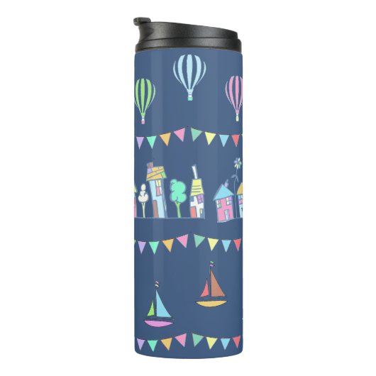 Seaside Town Sail Boats and Bunting Pattern Blue Thermosbecher (Nach rechts gedreht)