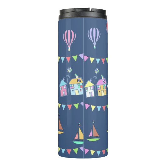 Seaside Town Sail Boats and Bunting Pattern Blue Thermosbecher (Rückseite)