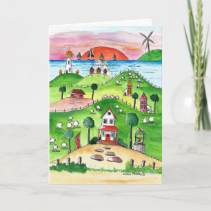 Seaside, Village, Coastal, Folk Art Print Karte