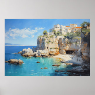 Seaside Village on Cliffs Oil Painting Poster