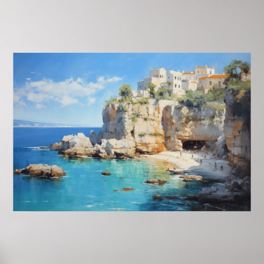 Seaside Village on Cliffs Oil Painting Poster (Vorne)