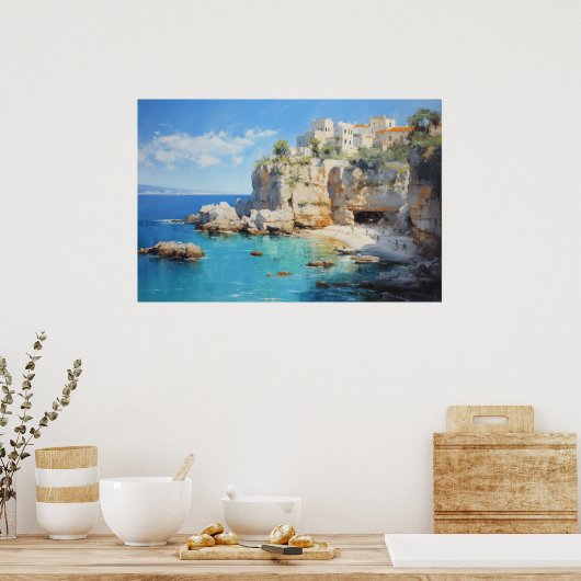 Seaside Village on Cliffs Oil Painting Poster (Küche)