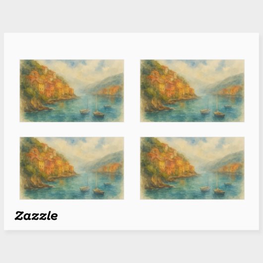 Seaside Village Watercolor - Cliffside Harbour Rechteckiger Aufkleber (Blatt)