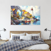 Seaside Village with Colorful Houses & Lighthouse Leinwanddruck (Insitu (Schlafzimmer))