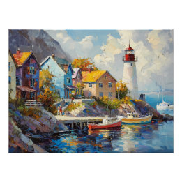 Seaside Village with Colorful Houses & Lighthouse Poster