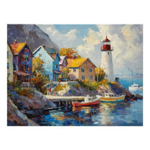 Seaside Village with Colorful Houses & Lighthouse Poster