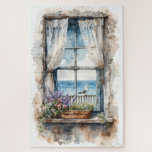 Seaside Window View Watercolor Coastal Scene Puzzle (Vertikal)