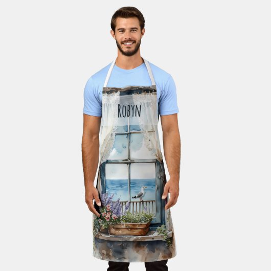 Seaside Window View Watercolor Coastal Scene Schürze (Getragen)