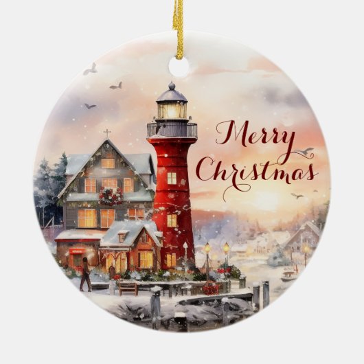 Seaside Winter Town Watercolor Weihnachten Keramik Ornament (Hinten)