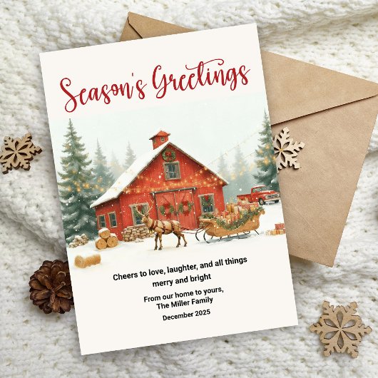 Season’s Greetings Christmas Card Watercolor Barn