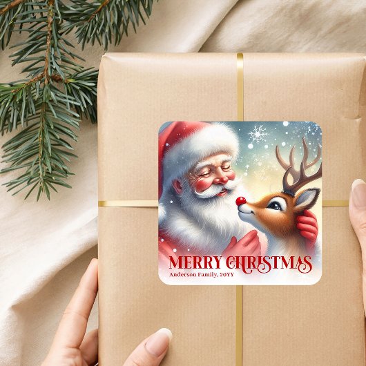 Seasonal Personalized Santa Rudolph Christmas Kids Quadratischer Aufkleber