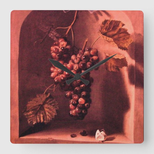 SEASON'S FRUITS HANGED GRAPES Antique Red Rustic Quadratische Wanduhr (Vorderseite)