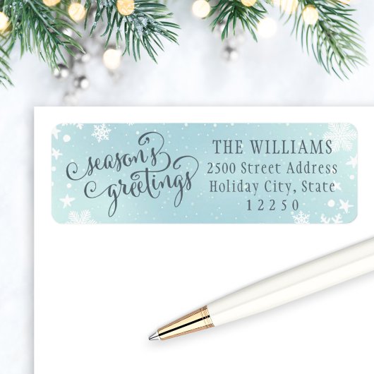 Seasons Greetings Blue Snowflake Return Address