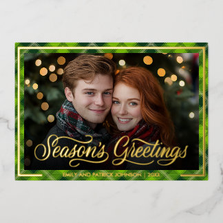 Seasons Greetings | Christmas Green Plaid Photo Folien Feiertagskarte