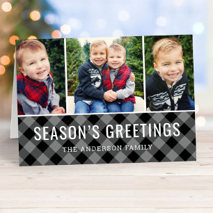 Seasons Greetings Gray Buffalo Plaid Photo Collage Feiertagskarte