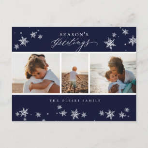 Season's Greetings Snowflake Photo Collage Blue Feiertagspostkarte
