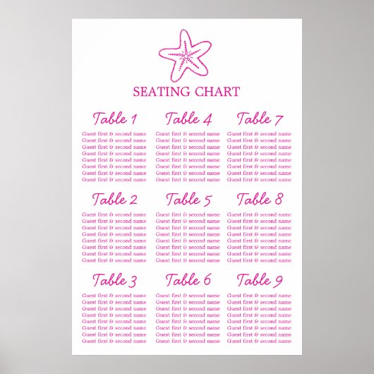 Seastar Seesterne Hochzeitstich Tischplaner 1-9 Poster (Vorne)