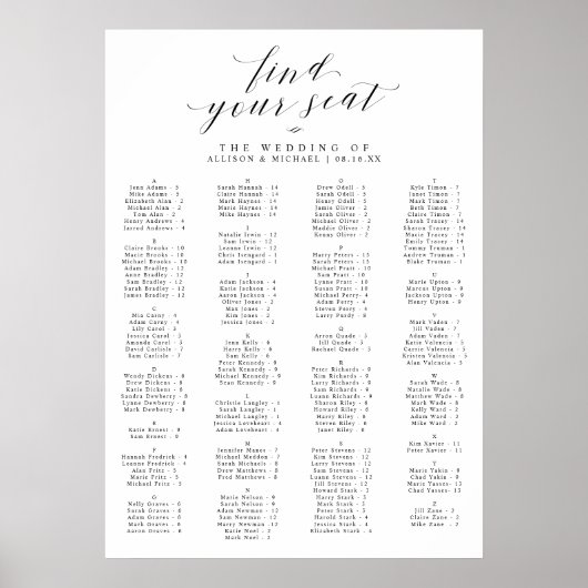 Seat Alphabetical Wedding Chart Poster (Vorne)