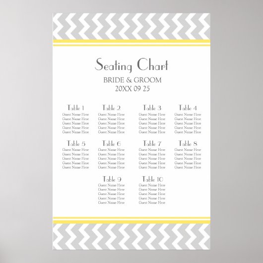 Seating Chart 10 Tables Yellow Grey Chevron Poster (Vorne)