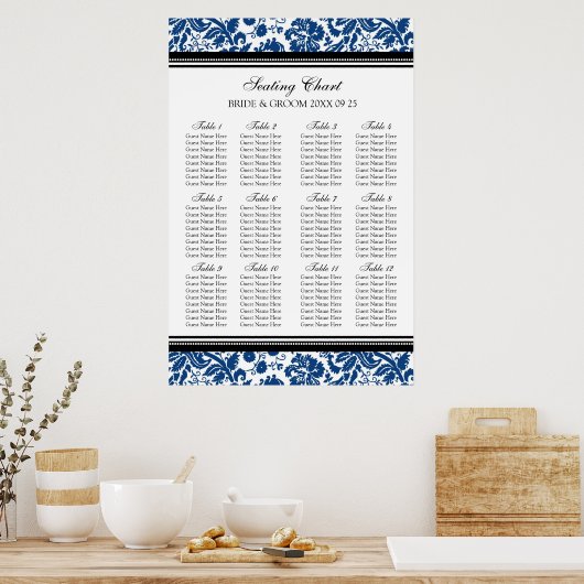 Seating Chart 12 Tables 96 Guest Blue Black Damask Poster (Küche)