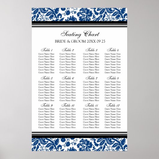 Seating Chart 12 Tables 96 Guest Blue Black Damask Poster (Vorne)
