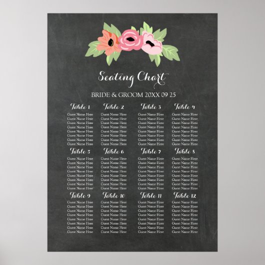 Seating Chart 12 Tables 96 Guest Chalkboard floral Poster (Vorne)