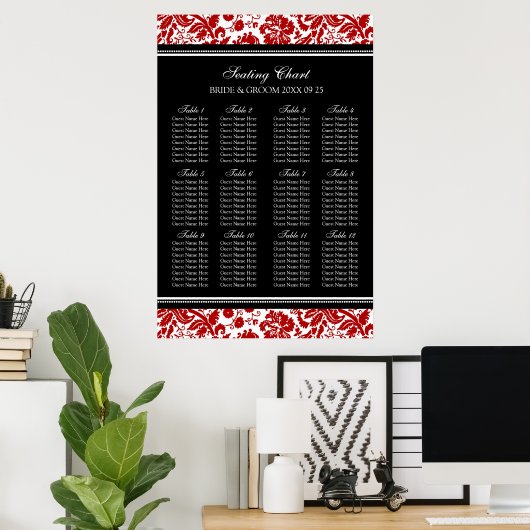 Seating Chart 12 Tables 96 Guest Red Black Damask Poster (Heimbüro)