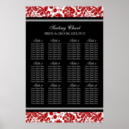 Seating Chart 12 Tables 96 Guest Red Black Damask Poster (Vorne)