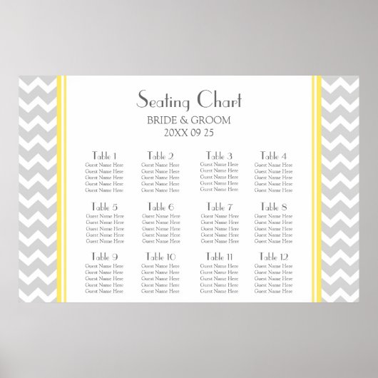 Seating Chart 12 Tables Yellow Grey Chevron Poster (Vorne)