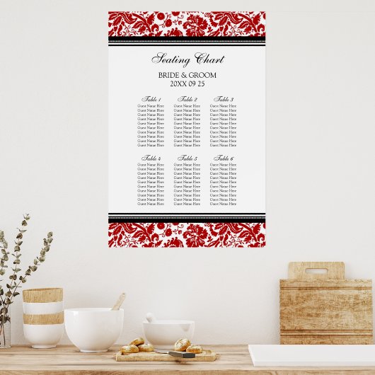 Seating Chart 6 Tabellen 60 Guest Red Black Damask Poster (Küche)