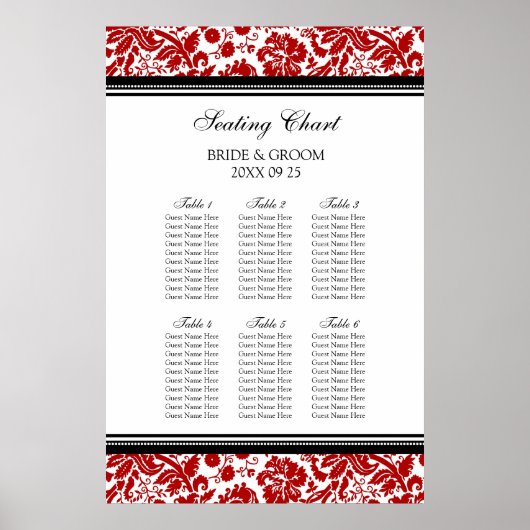 Seating Chart 6 Tabellen 60 Guest Red Black Damask Poster (Vorne)