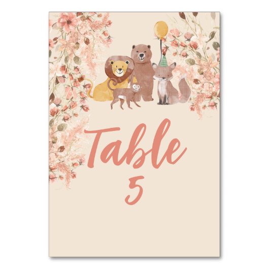 Seating Chart Boho Safari party cute fox lion bear Tischnummer (Vorderseite)