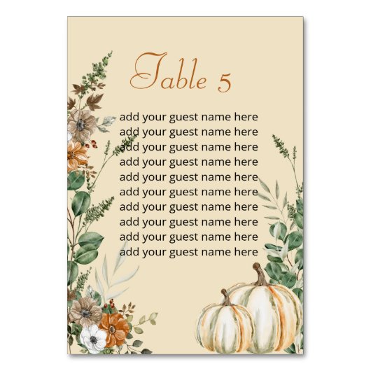 Seating Chart Fall Rustic Brown Floral Pumpkin Tischnummer (Vorderseite)