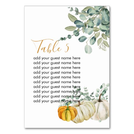 Seating Chart Fall Rustikale Kürbis Grüne Tischnummer (Vorderseite)