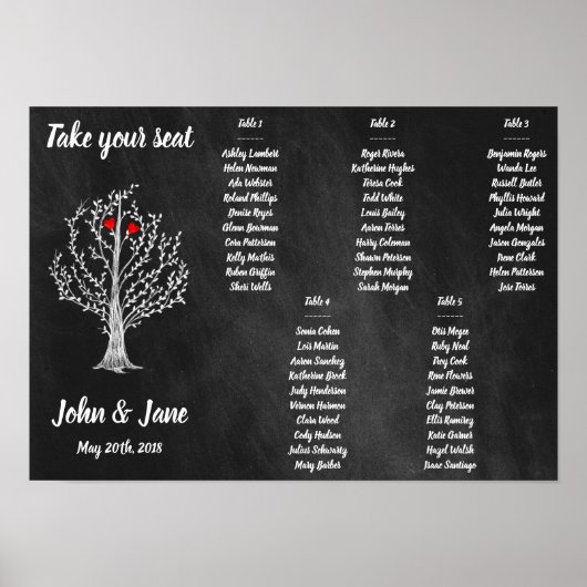 Seating Chart Poster - Baum und rote Herzen Design (Vorne)